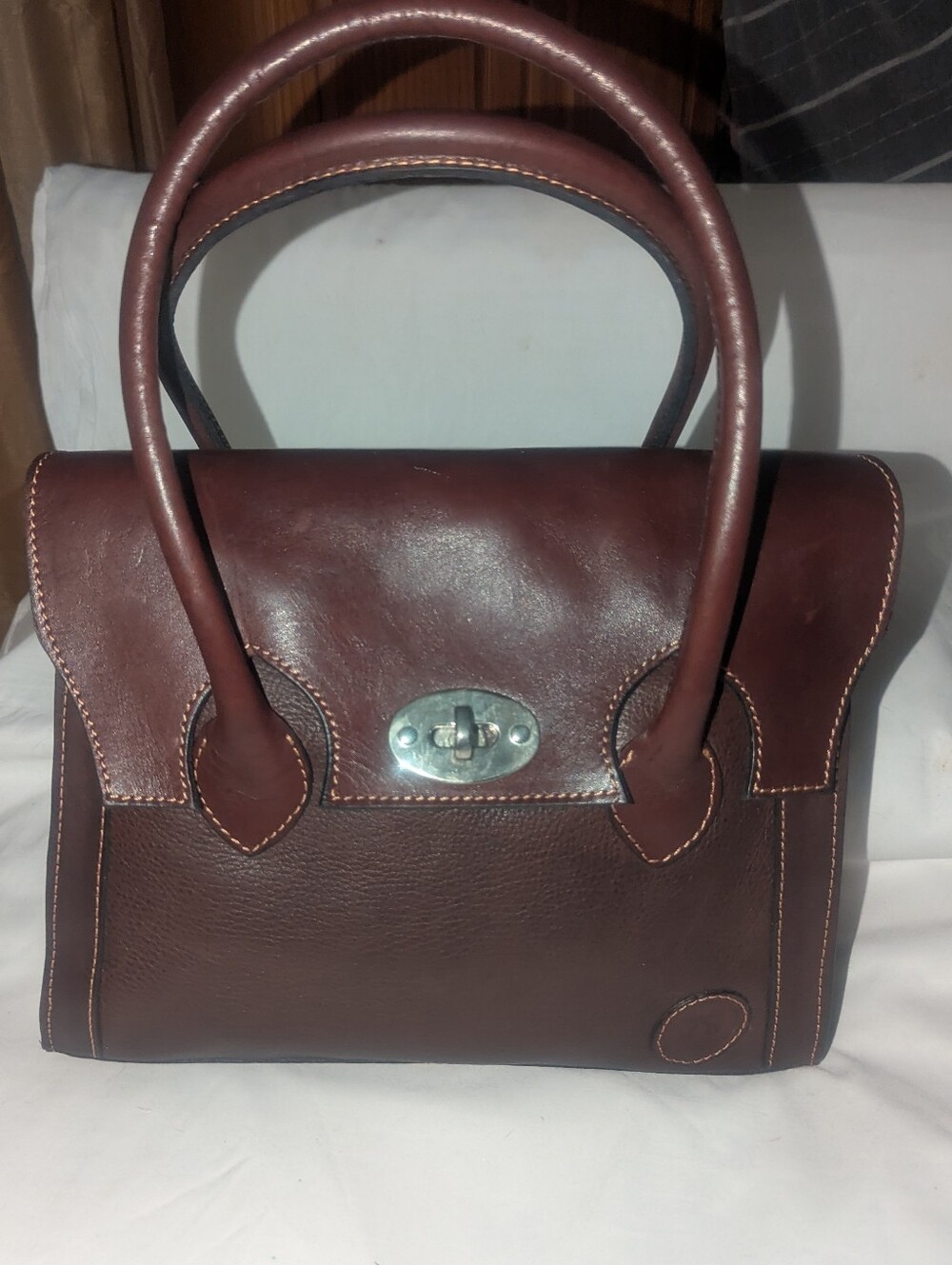 Structured Two Tone Brown Leather Top-Handle Satchel